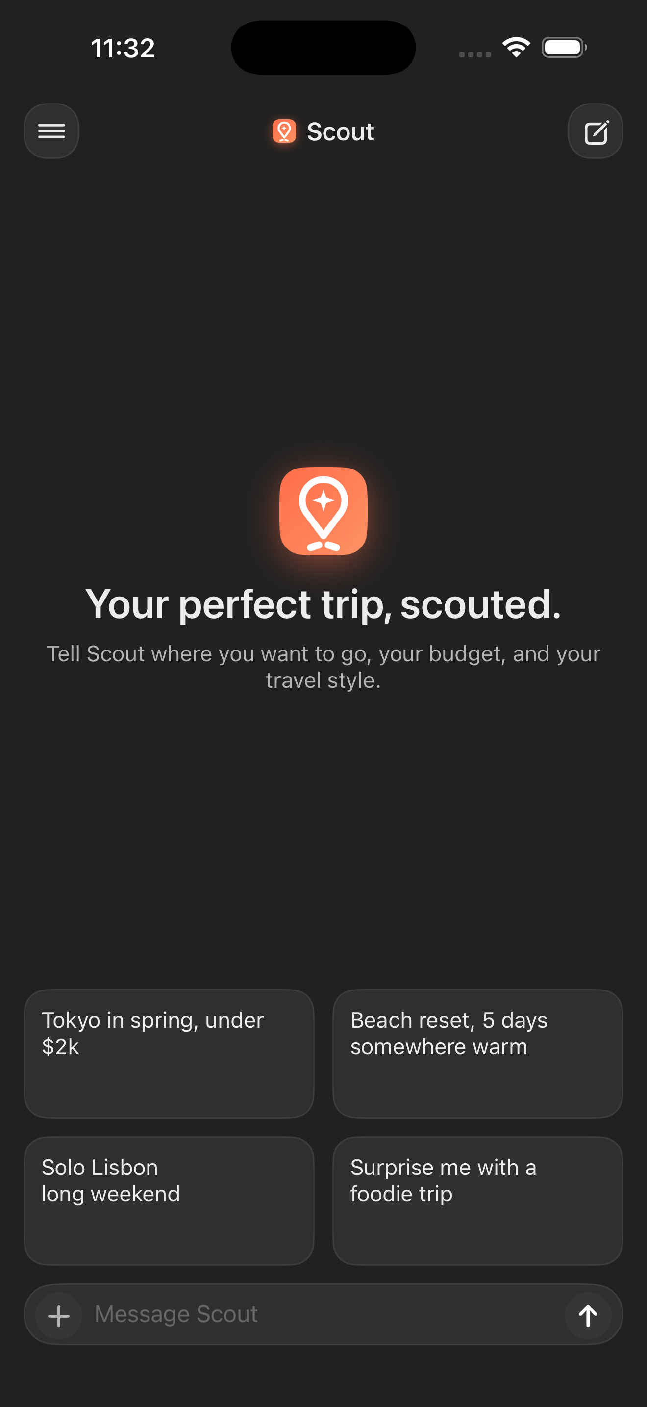 Scout home with suggested prompts